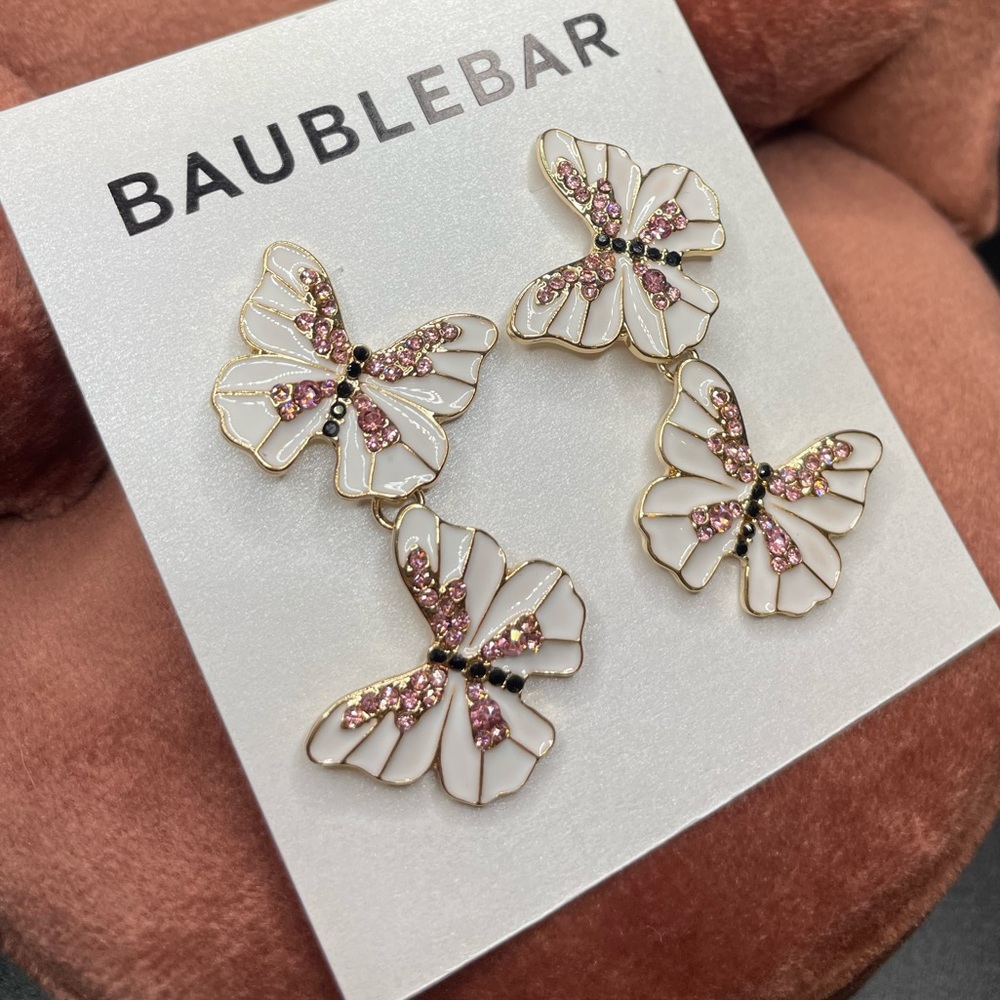 NWT BaubleBar Butterfly Drop Earrings, White Enamel with Pink and Black Crystals